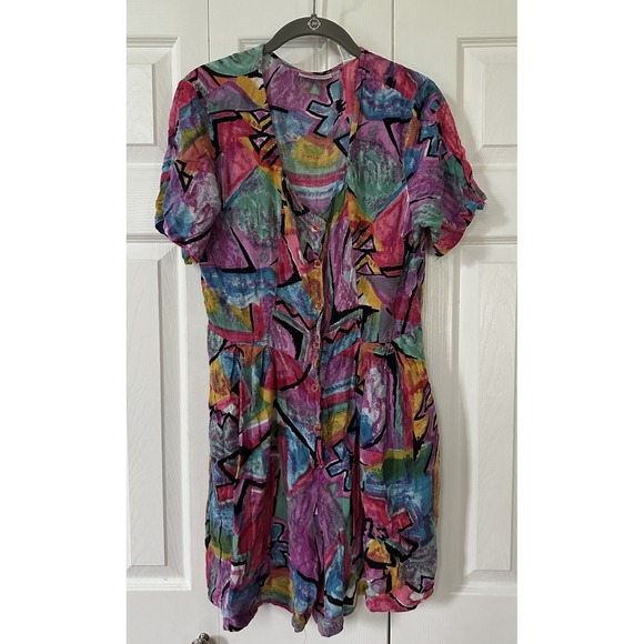 Lord & Taylor Pants - VTG 80s Lord & Taylor Women's Sz S Colorful Button Up Rayon Romper